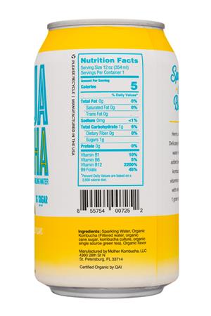 Agua Bucha: AguaBucha-12oz-2020-BuchSparklingWater-MeyerLemon-Facts