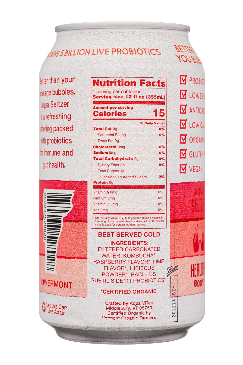 Aqua ViTea Kombucha: AguaVitea-12oz-2022-ProbSeltzer-RaspLime-Facts