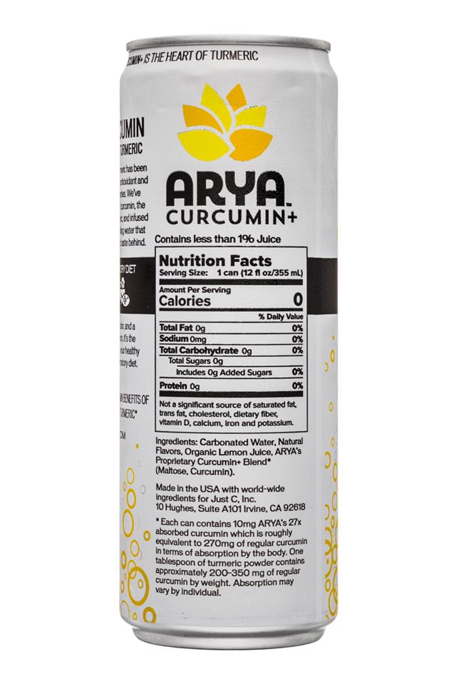 Arya: Arya-HeartOfTurmeric-12oz-SparkleWater-Lemon-Facts