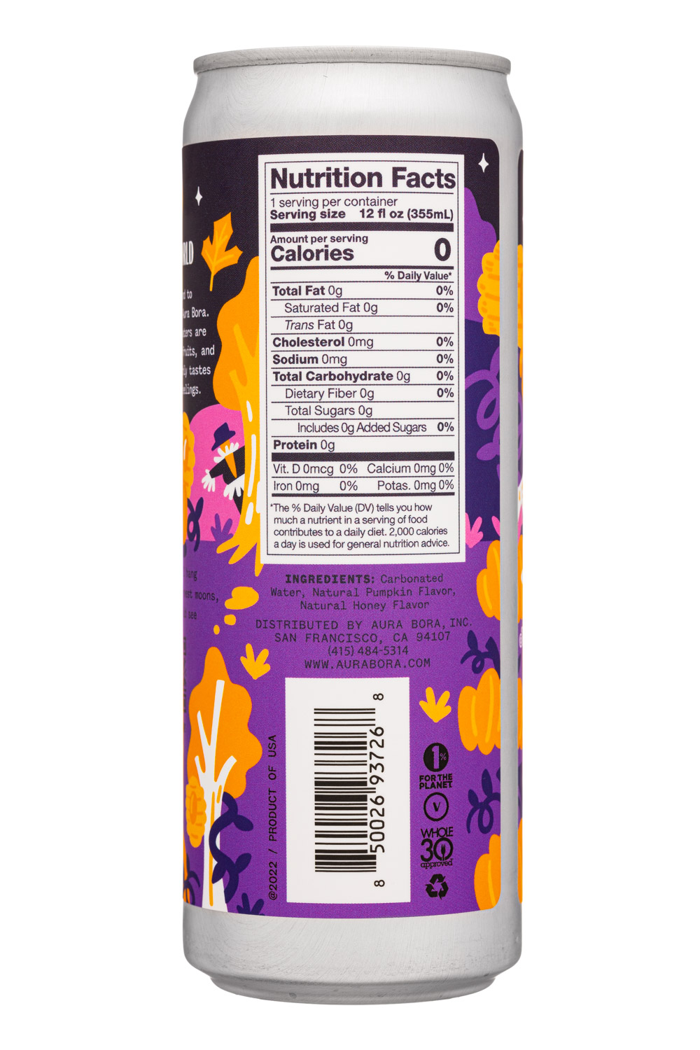 Aura Bora: AuraBora-12oz-2022-HerbSparkling-HoneyPumpkn-Facts