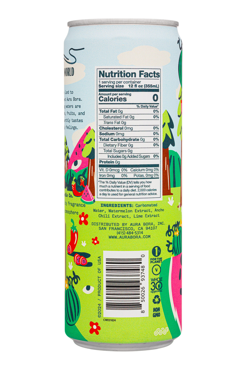 Aura Bora: AuraBora-12oz-2024-HerbalSparkling-WatermelonChili-Facts
