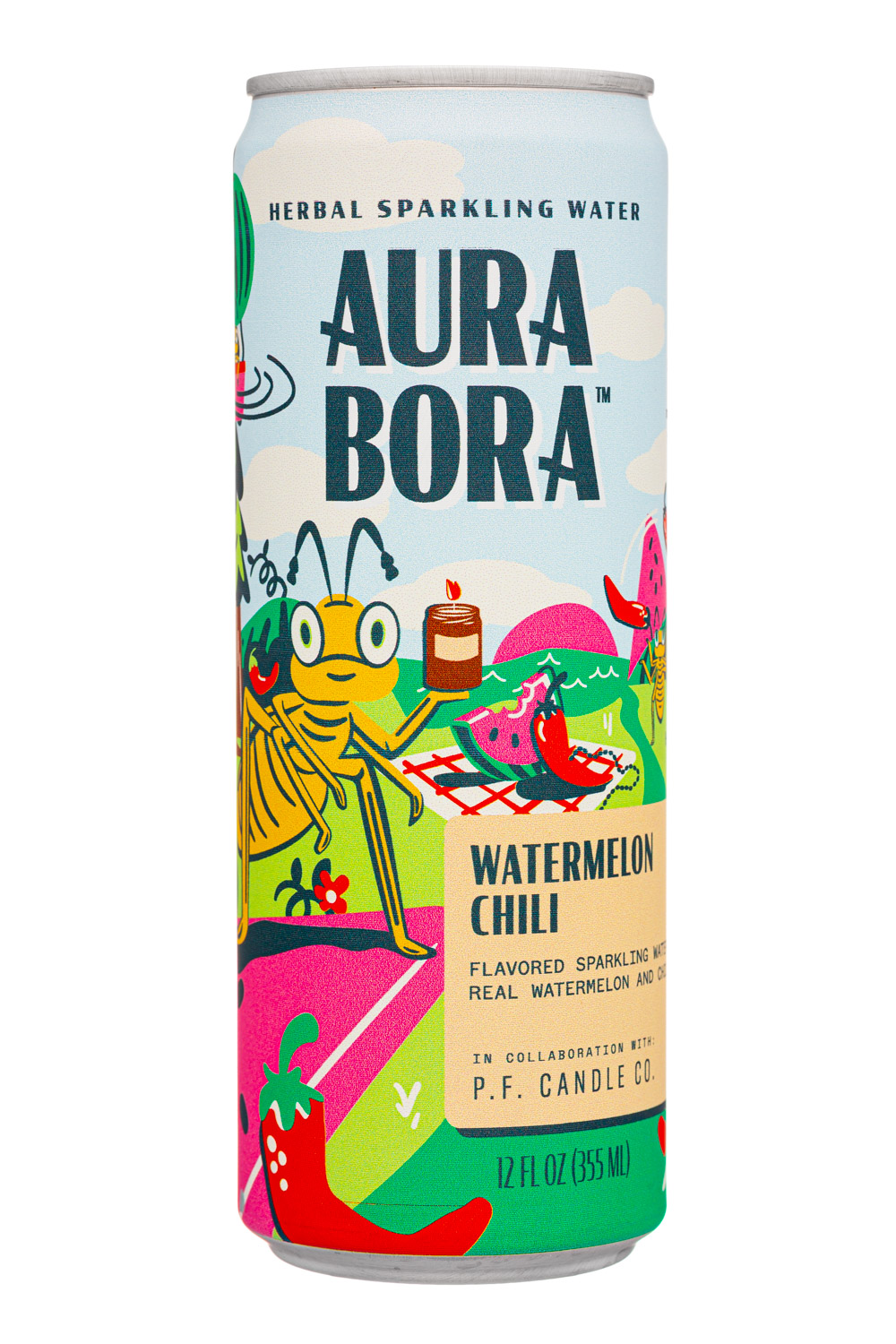 Aura Bora: AuraBora-12oz-2024-HerbalSparkling-WatermelonChili-Front