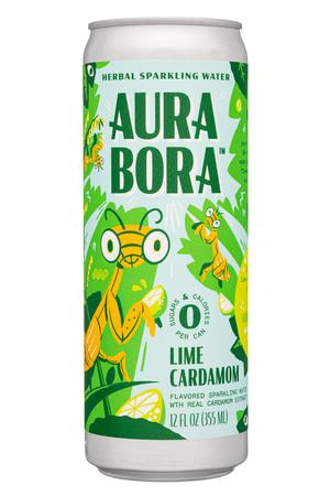Aura Bora: AuraBora-12oz-2022-HerbalSparkling-LimeCardamom-Front
