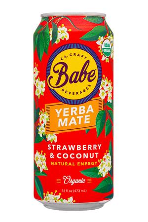 Babe Kombucha: Babe-16oz-2023-YerbaMate-StrawbCoco-Front