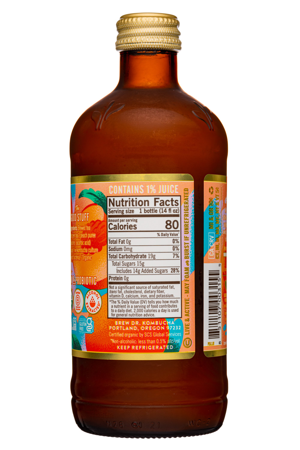 Brew Dr. Kombucha: BrewDr-14oz-2022-Kombucha-JustPeachy-Facts