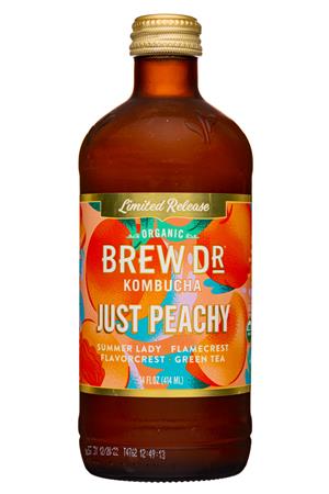 Brew Dr. Kombucha: BrewDr-14oz-2022-Kombucha-JustPeachy-Front
