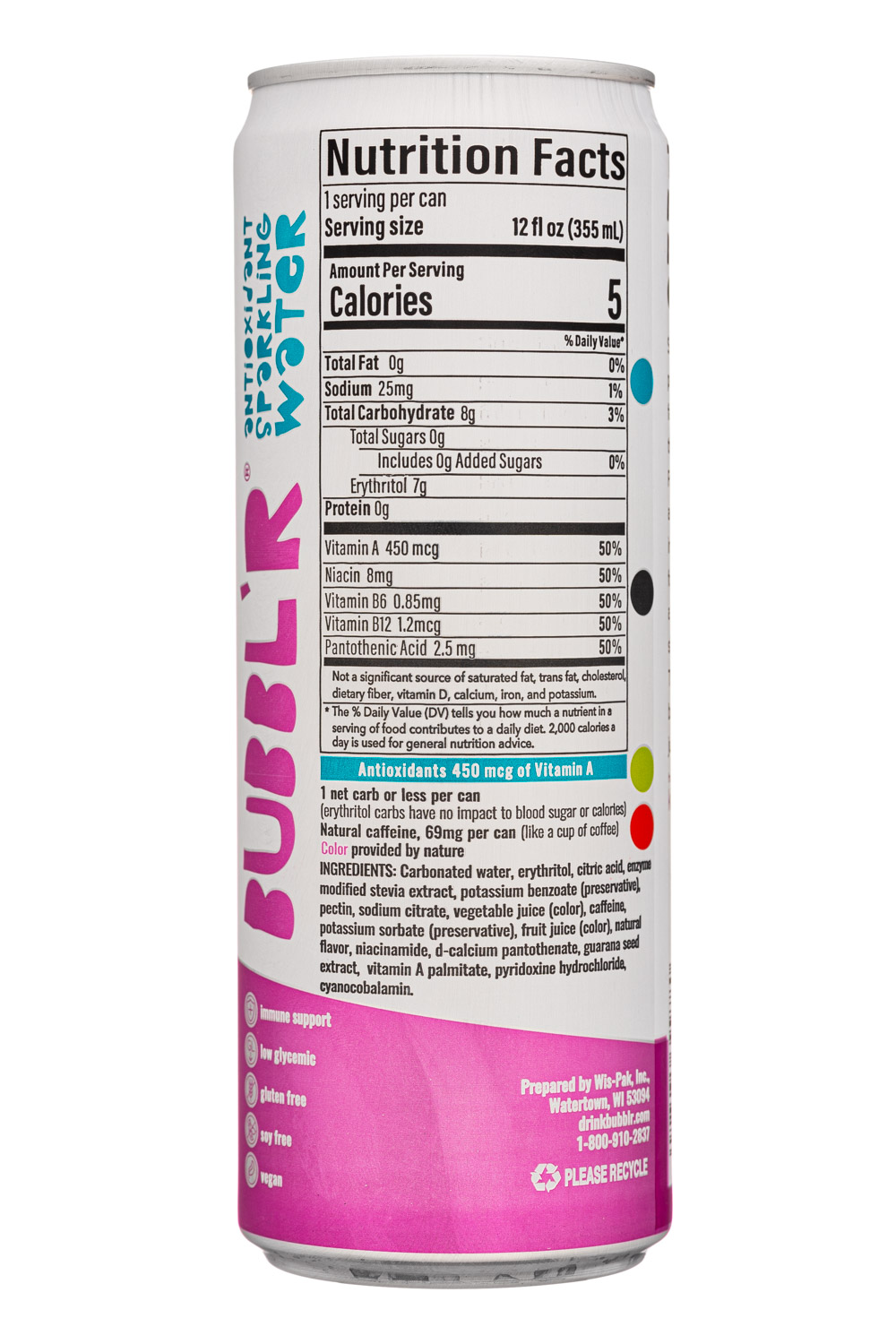 BUBBL'R Antioxidant Sparkling Water: Bubblr-12oz-2023-AntioxSparkWater-PitayaBerryNectr-Facts