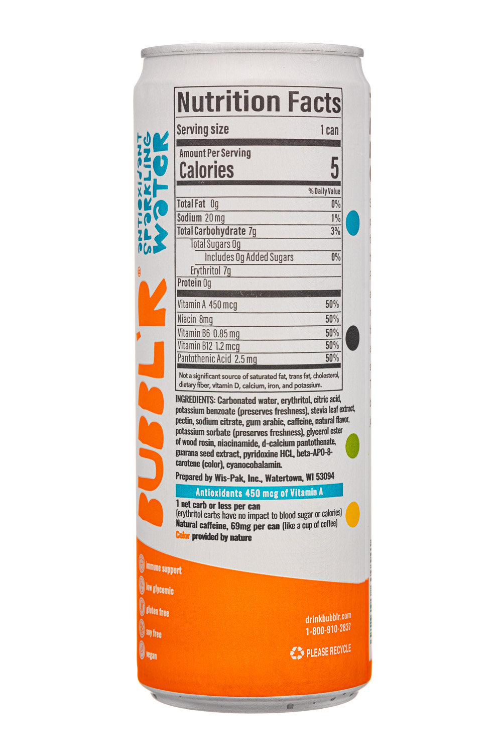 BUBBL'R Antioxidant Sparkling Water: Bubblr-12oz-2025-OrangeDreamFreezr-Facts