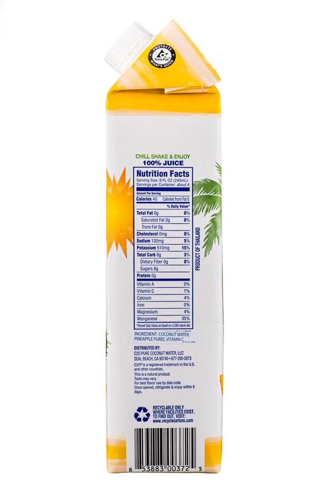 C2O Pure Coconut Water: C2O-CoconutWater-34oz-Pineapple-Facts