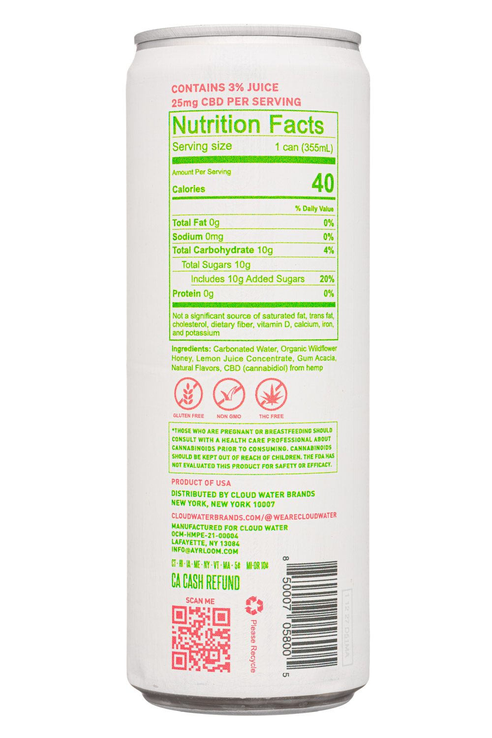 Cloud Water CBD: CloudWater-12oz-2023-SparklingCBD-GrapefruitMintBasil-Facts