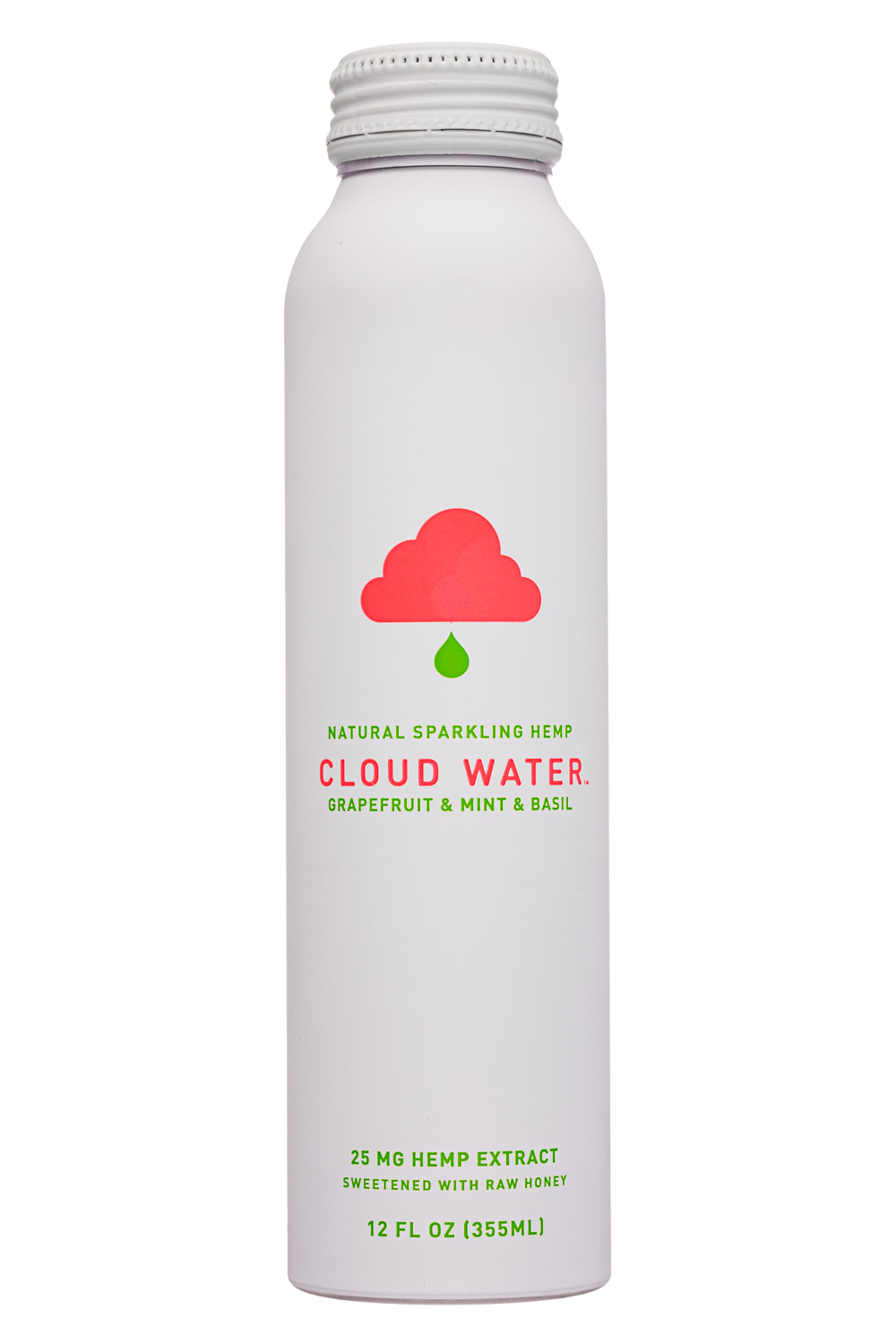 Cloud Water CBD: CloudWater-12oz-2020-25mgHemp-GrapefruitMintBasil-Front