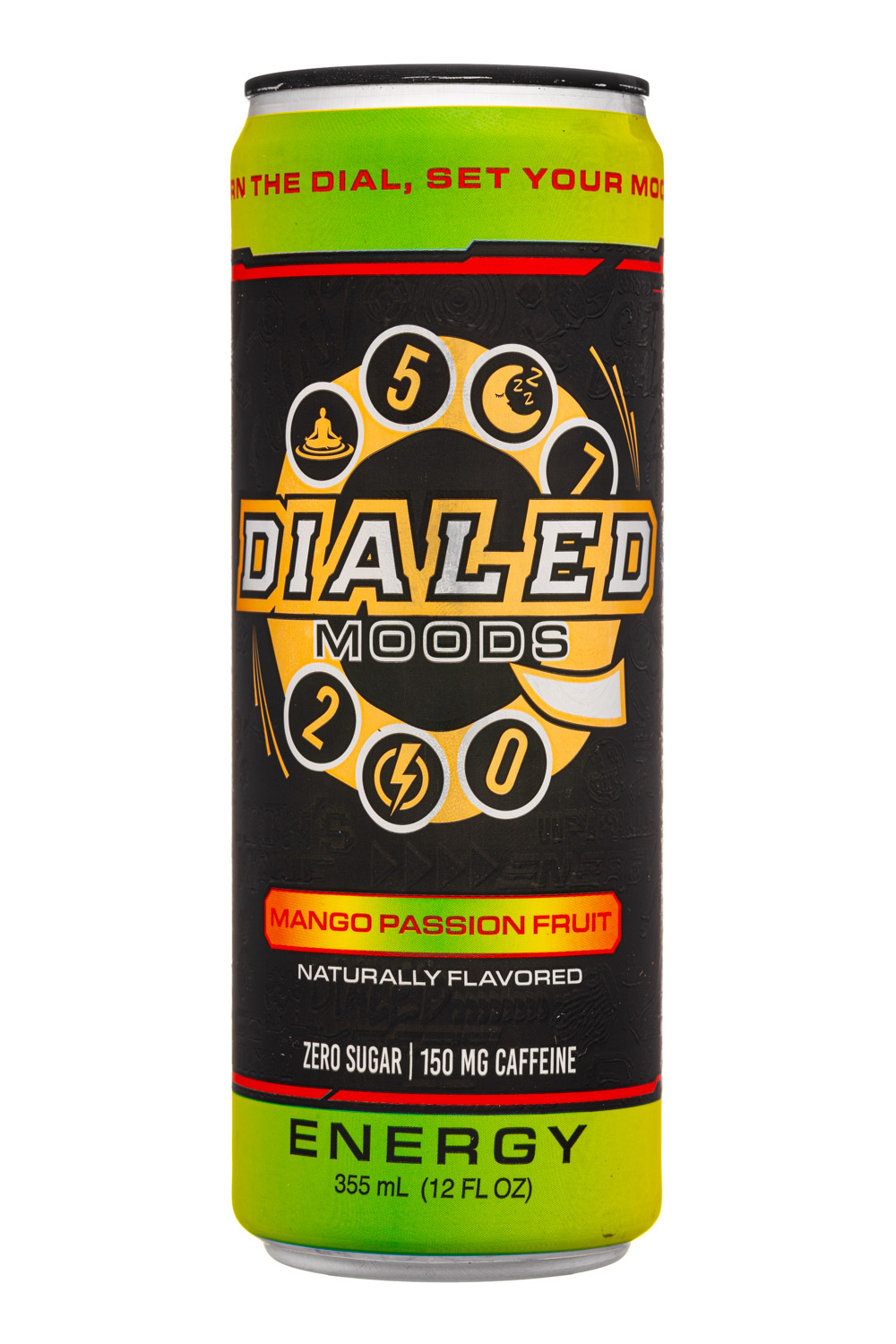 Dialed Moods: Dialed-12oz-2025-Moods-Energy-MangoPassion-Front
