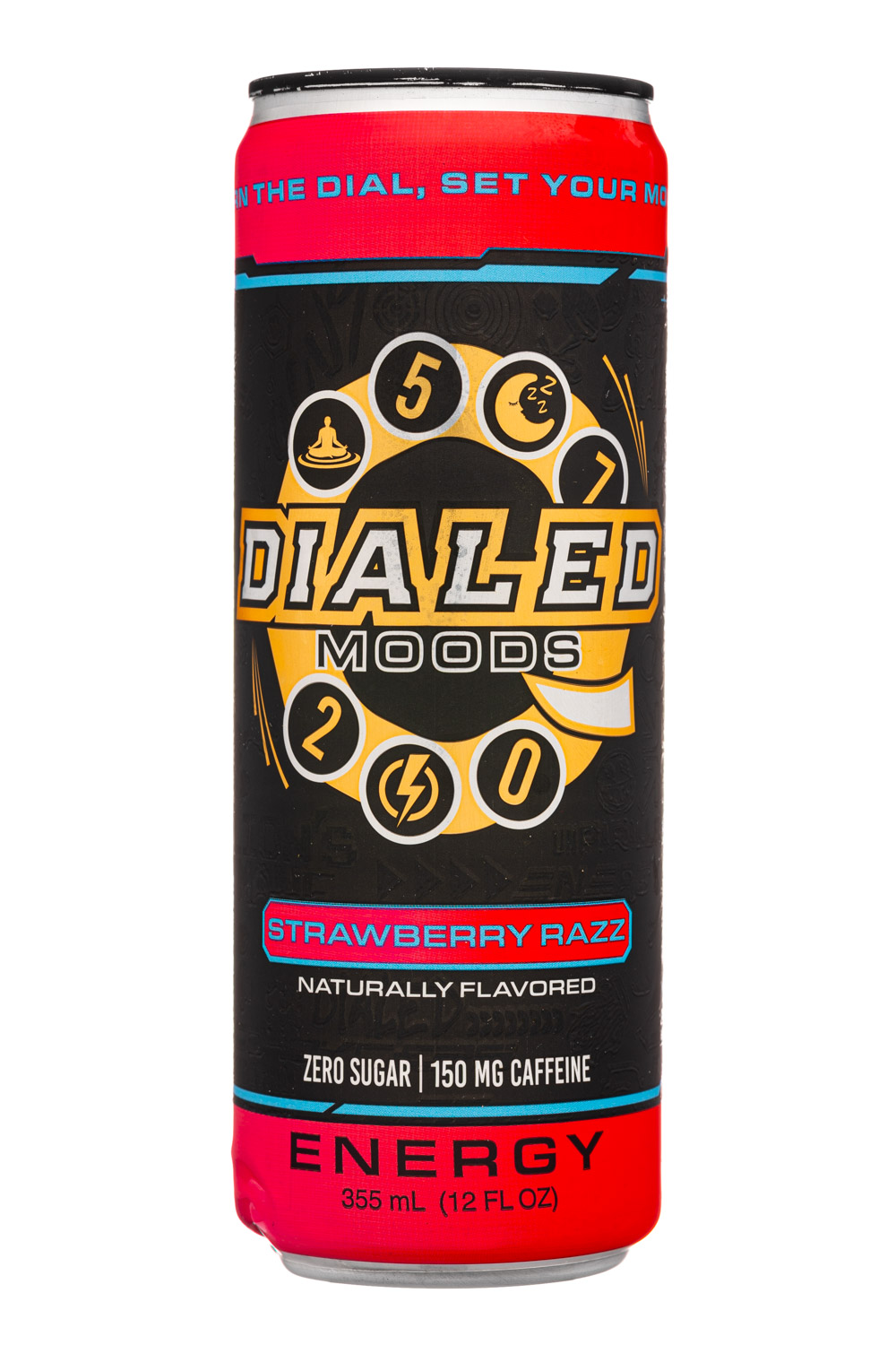 Dialed Moods: Dialed-12oz-2025-Moods-Energy-StrawbRazz-Front