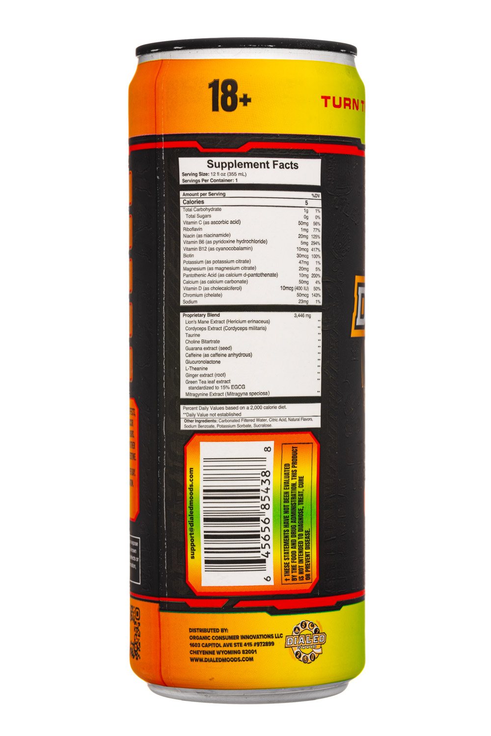 Dialed Moods: Dialed-12oz-2025-Moods-Energy-MangoPassion-Facts