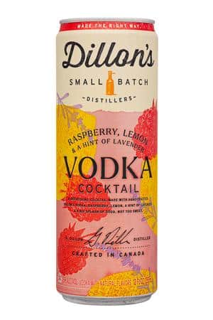 Dillon's Small Batch Distillers: Dillons-12oz-2025-VodkaCocktail-RaspLemon