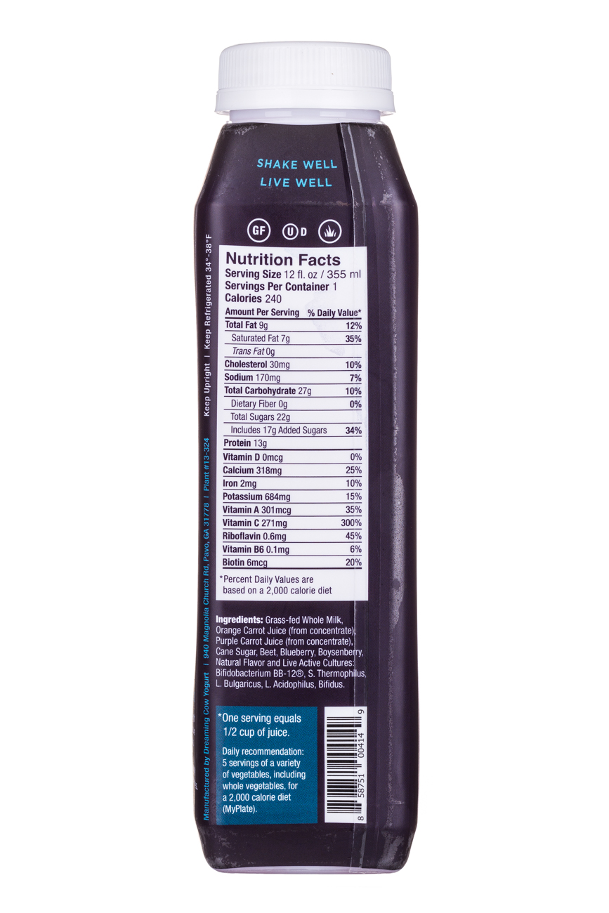 Dreaming Cow: Lush-12oz-YogurtDrink-BluebBoysCarrotBeet-Facts