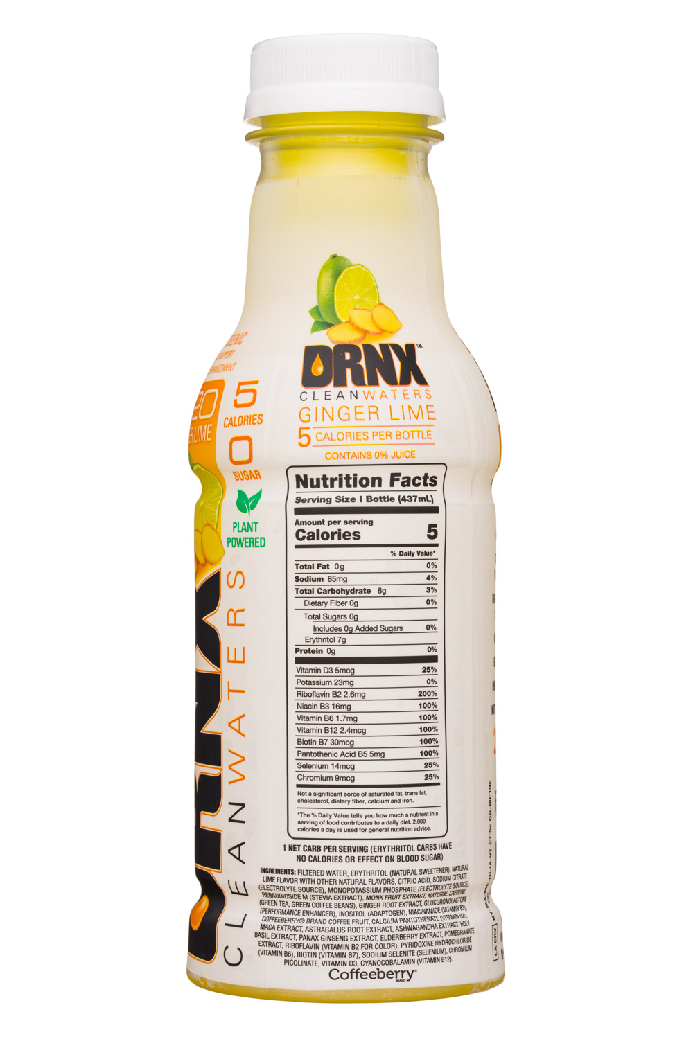 DRNX: Coffeeberry-16oz-Drinkx-CleanWater-G20-GingerLime-Facts