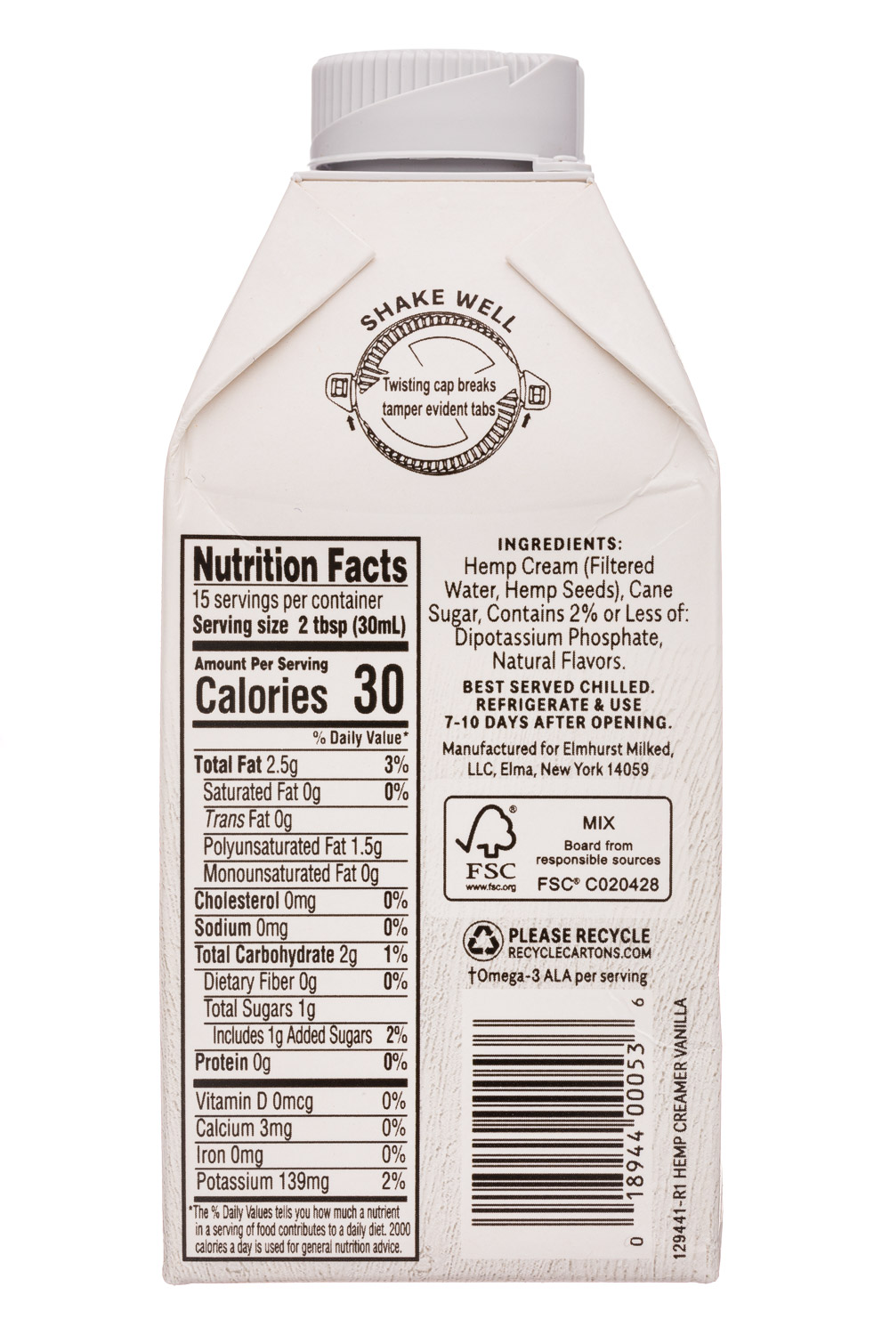 Elmhurst: Elmhurst-16oz-HempCreamer-LightSweet-FrenchVanilla-Facts