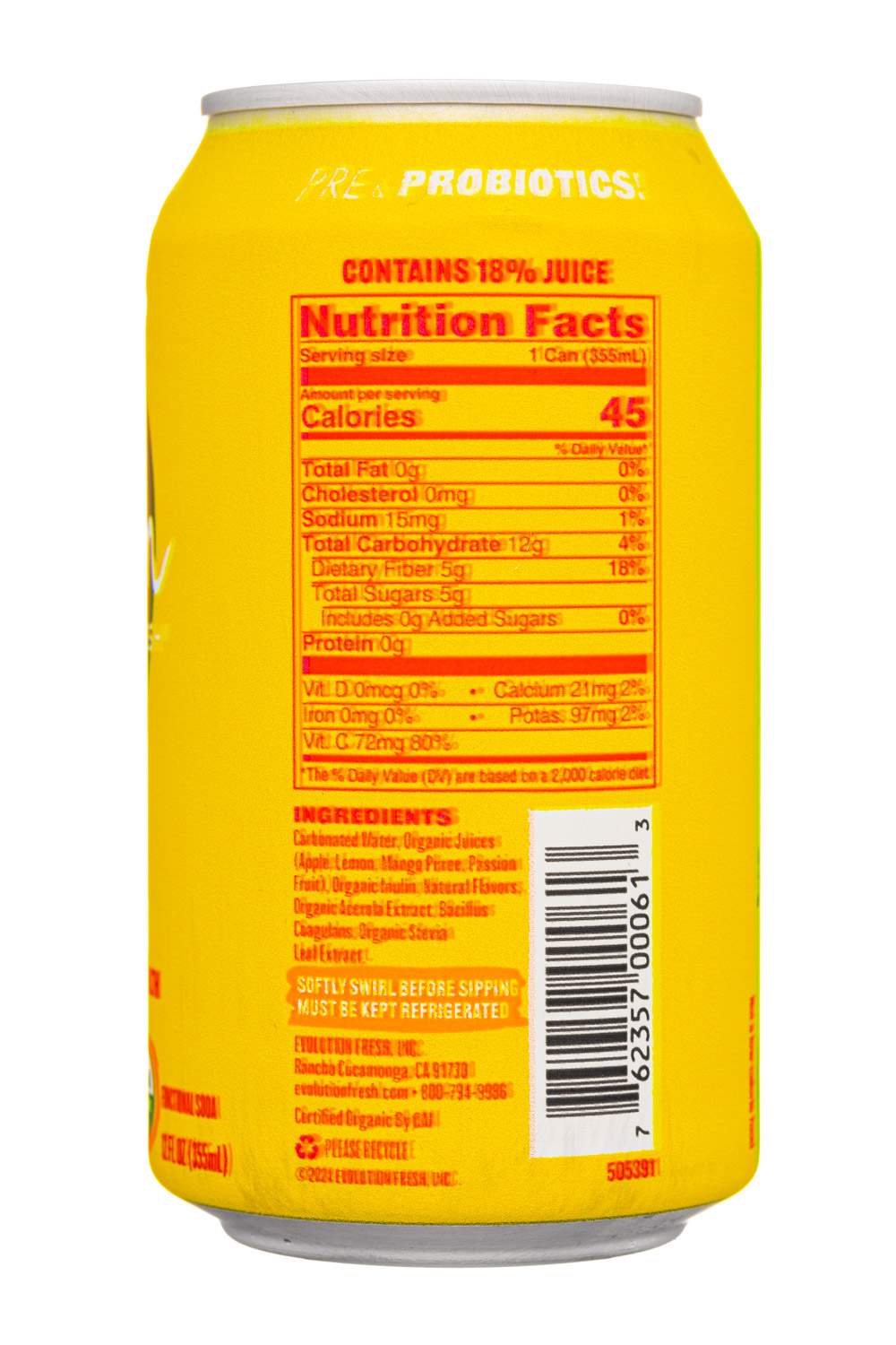 Evolution Fresh Real Fruit Soda: EvolutionFresh-12oz-2024-FruitSoda-TropicalMango-Facts