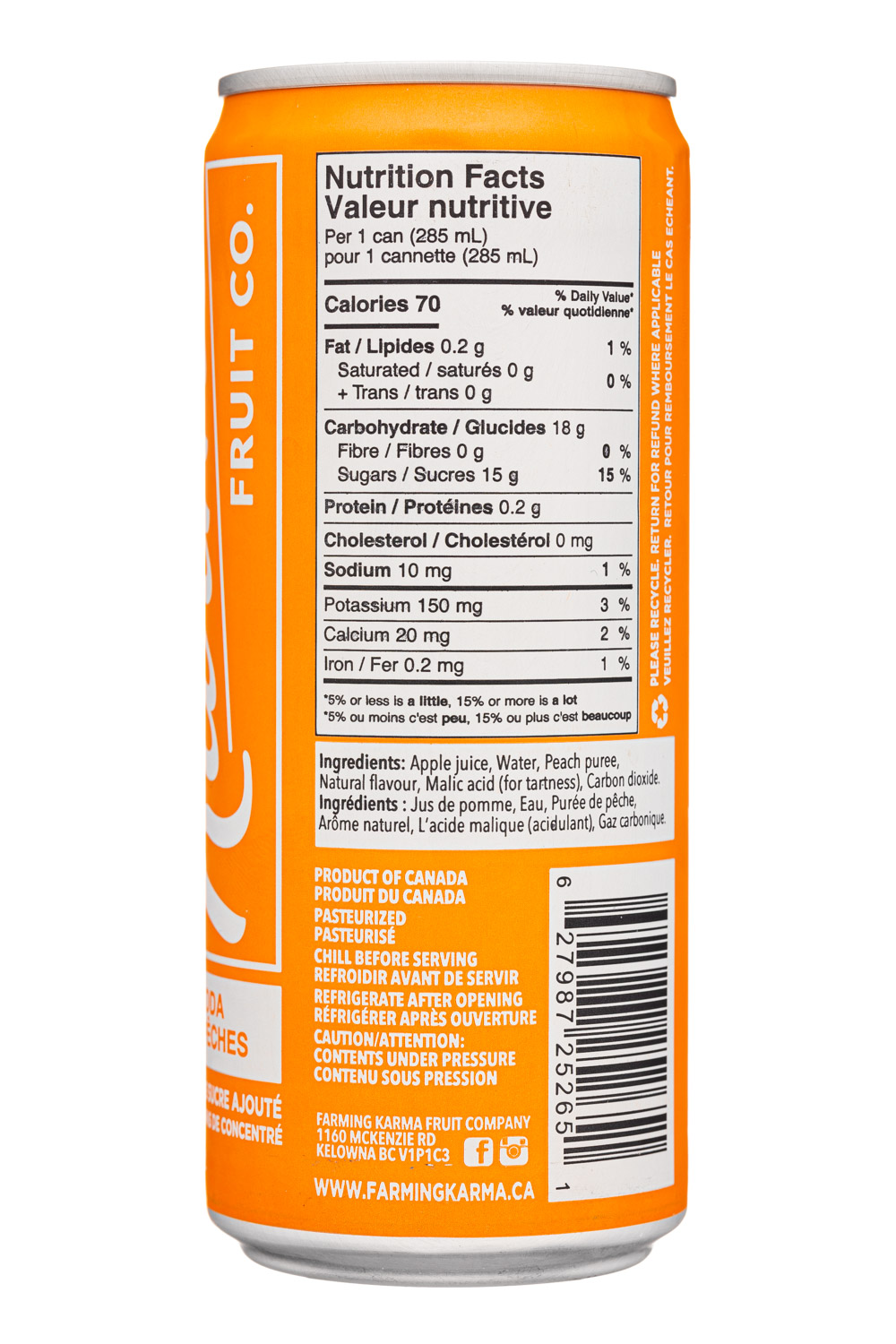 Farming Karma: FarmingKarmaFruitCo-285ml-2023-Soda-Peach-Facts