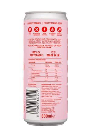 Feisty.: Feisty-330ml-2025-ProteinSoda-WhitePeachNectarine-Facts