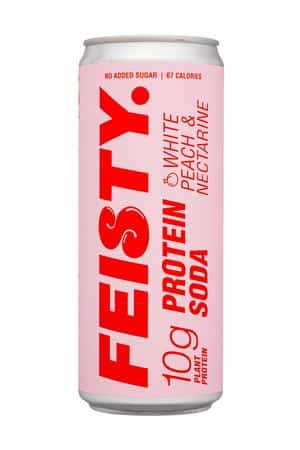 Feisty.: Feisty-330ml-2025-ProteinSoda-WhitePeachNectarine-Front