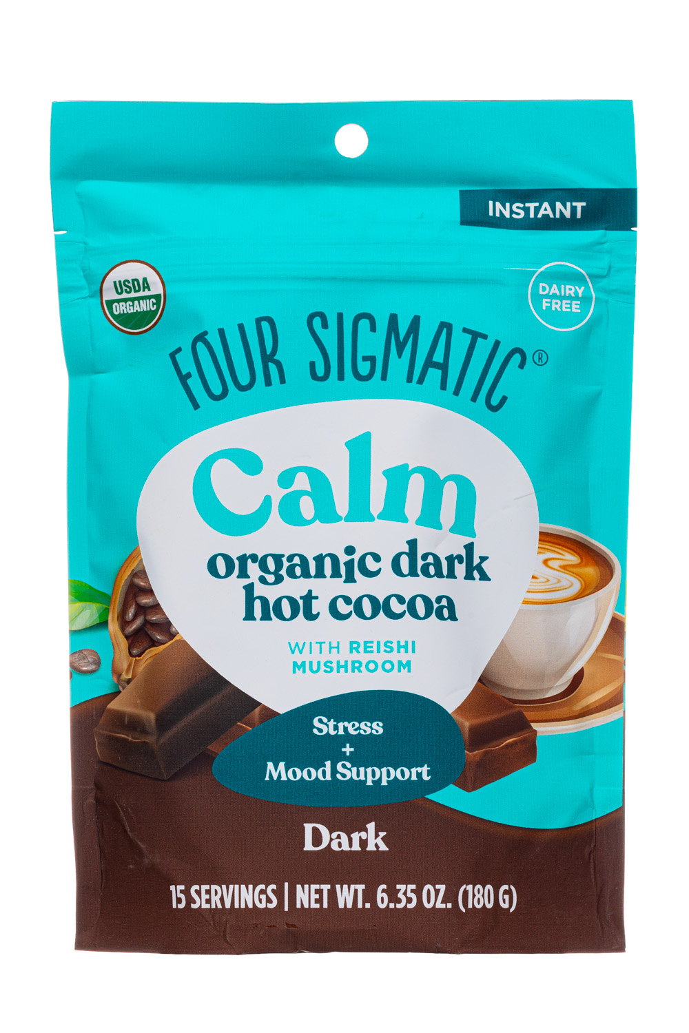 Four Sigmatic: FourSigmatic-120g-2025-Calm-Instant-DarkHotCocoa-Front