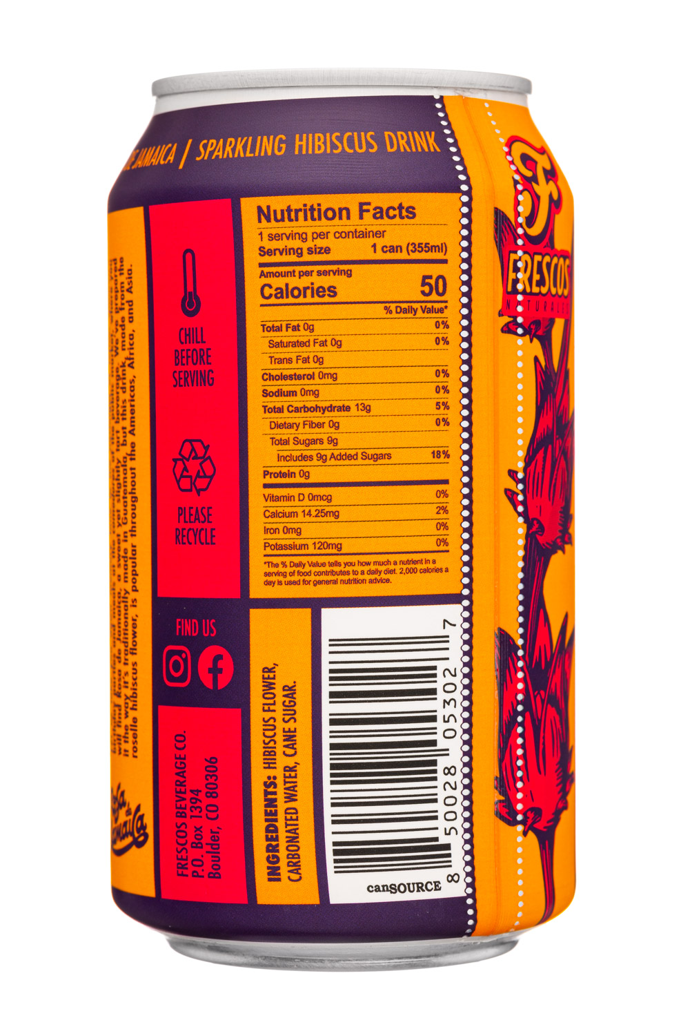 Frescos Naturales: Frescos-12oz-2022-SparklingDrink-RosaDeJamaica-Facts