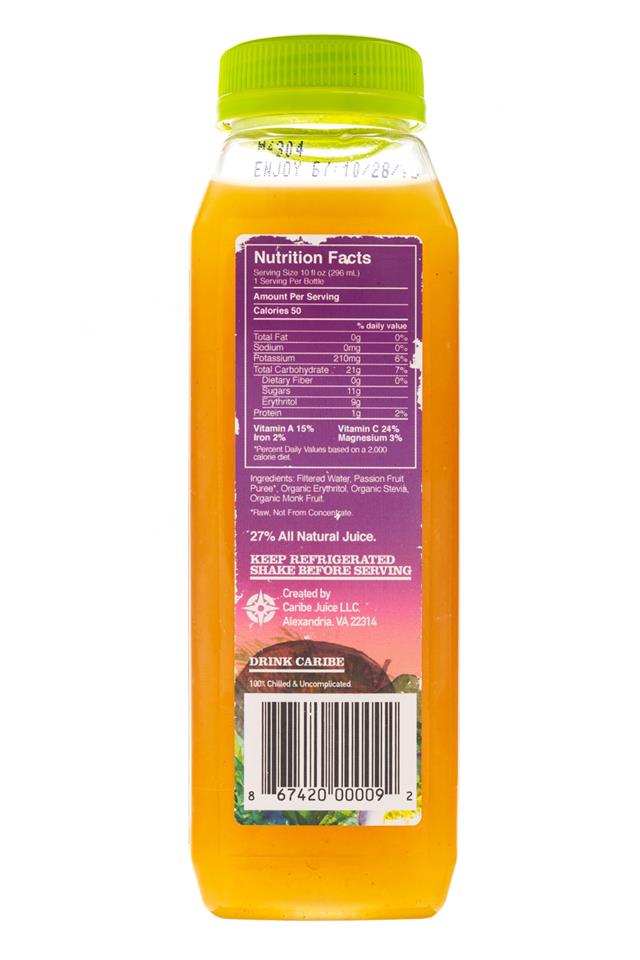 Caribe: Carabe-ColdPress-10oz-PassionFruit-Facts