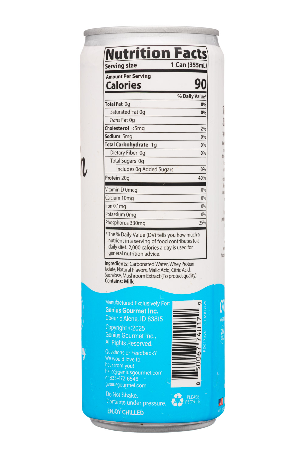 Genius Gourmet: GeniusGourmet-12oz-2025-ClearProtein-BlueRasp-Facts