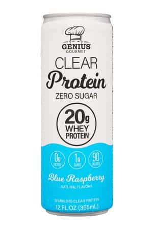 Genius Gourmet: GeniusGourmet-12oz-2025-ClearProtein-BlueRasp-Front