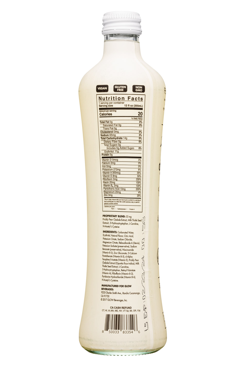 Glow: Glow-12oz-2023-SparklingHydration-PineBloodOrange-Facts