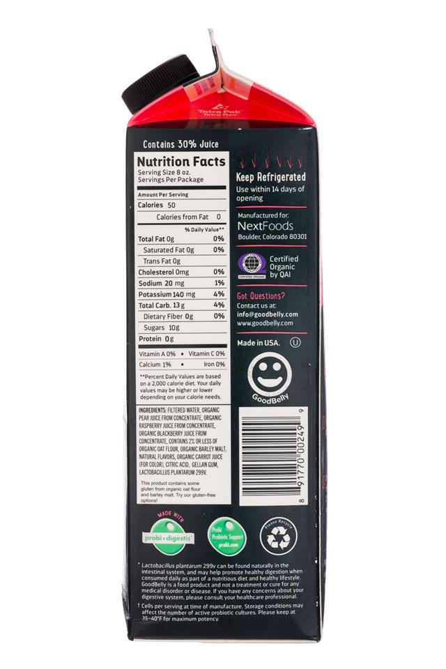 GoodBelly: GoodBelly-32oz-ProbioticsNoAddedSugar-RaspBlack-Facts