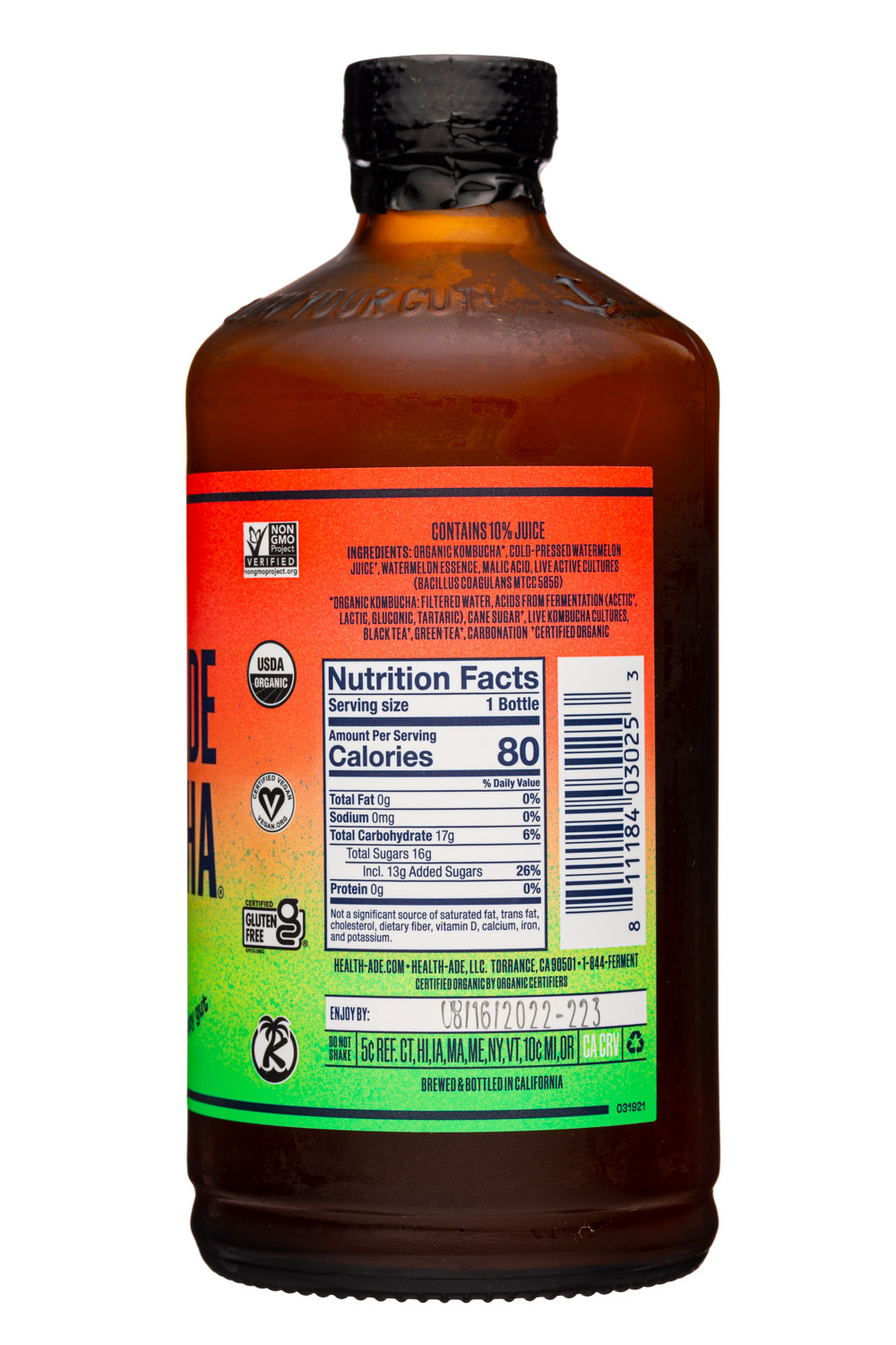 Health-Ade: HealthAde-16oz-2022-Kombucha-Watermelon-Facts