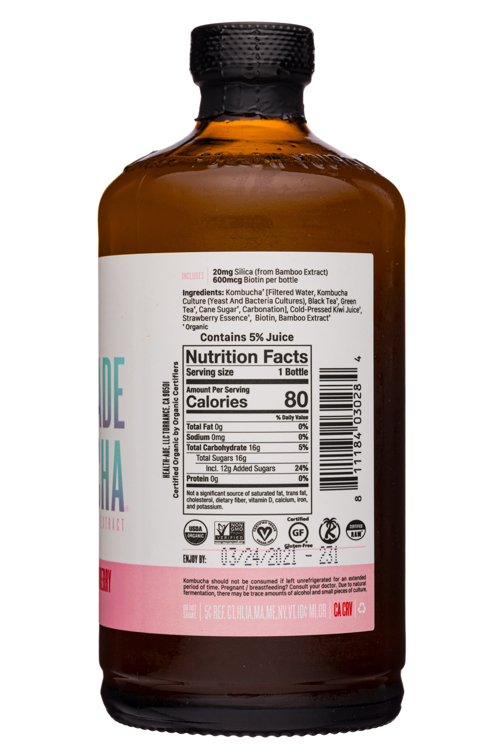 Health-Ade: HealthAde-16oz-2020-Kombucha-StrawbGlow-Facts