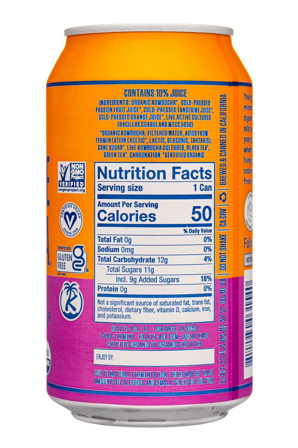 Health-Ade: HealthAde-12oz-2023-Kombucha-PassionTangerine-Facts