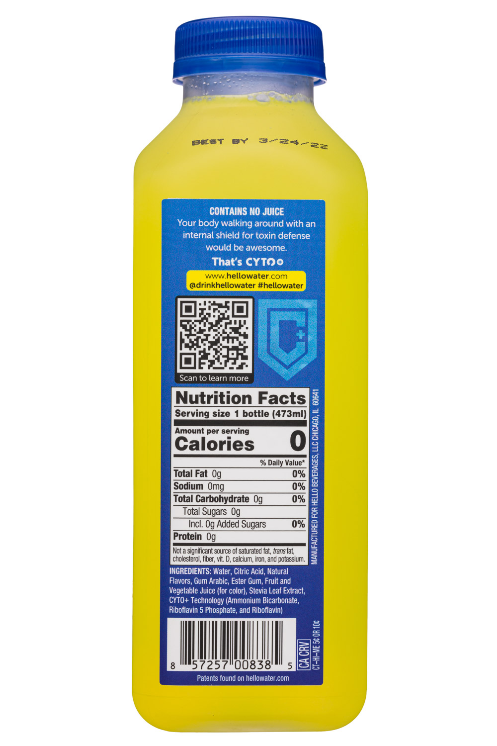 Hello Water- Natural Essence Water: HelloWater-16oz-2021-ToxinDefense-LemonadeFusion-Facts