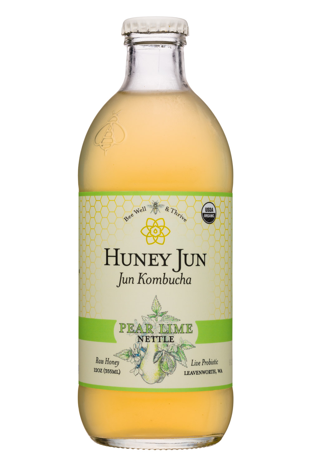 Huney Jun Kombucha: HoneyJun-12oz-Kombucha-PearLime-Front