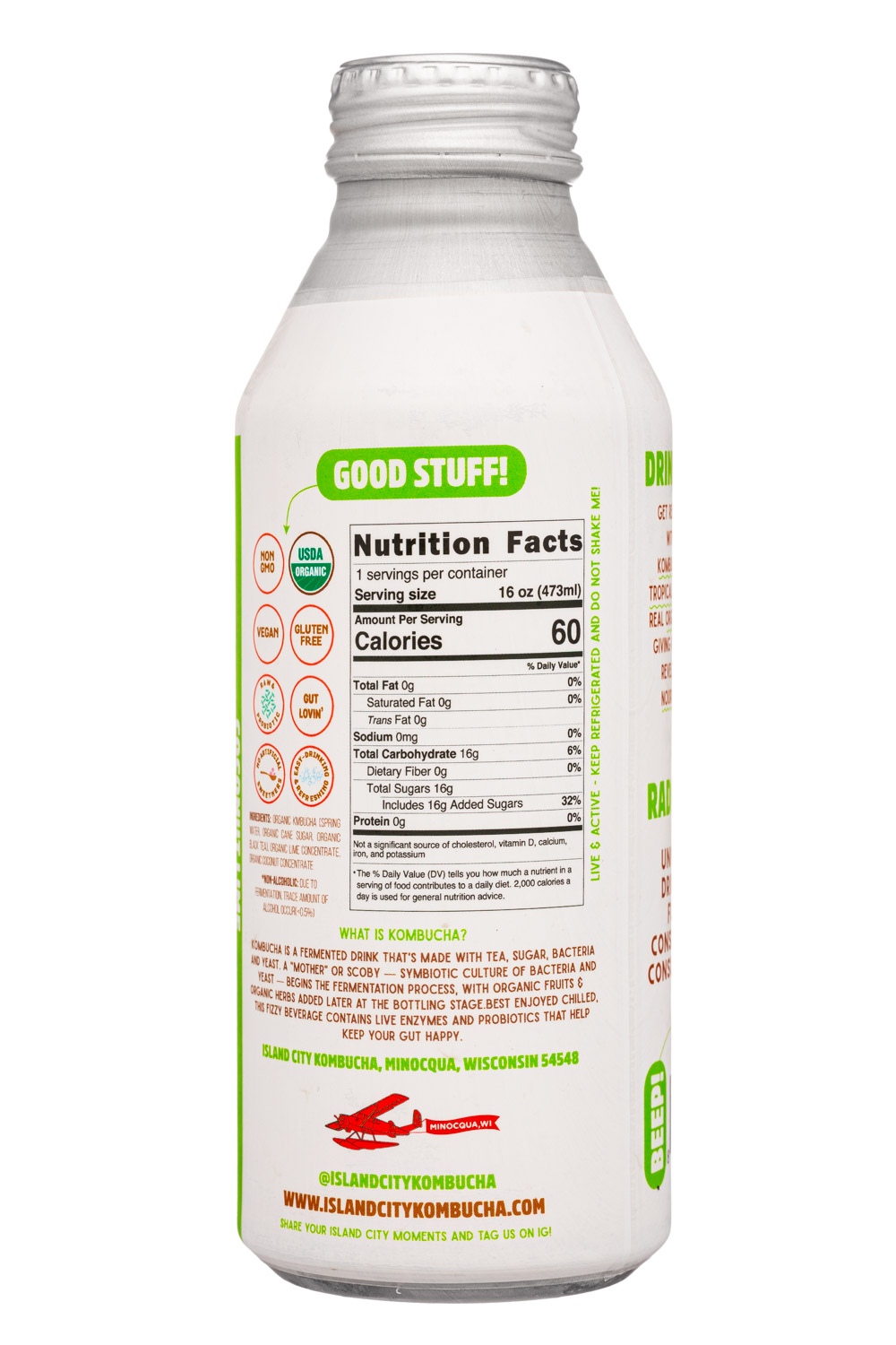 Island City Kombucha: IslandCityKombucha-16oz-2025-CoconutLime-Facts