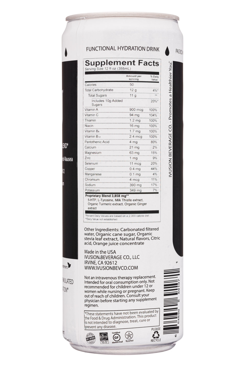 IVUSION Beverage Company  LLC.: IVusion-12oz-2021-Hydration-CitrusOrange-Facts