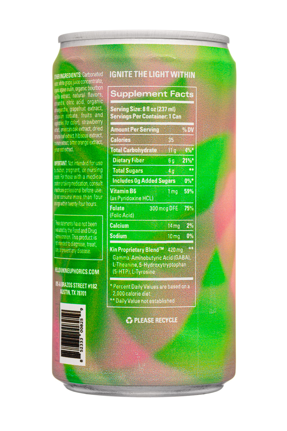 Kin Euphorics for Humankind: Kin-8oz-2022-Euphorics-KinBloom-BeamingJoy-Facts