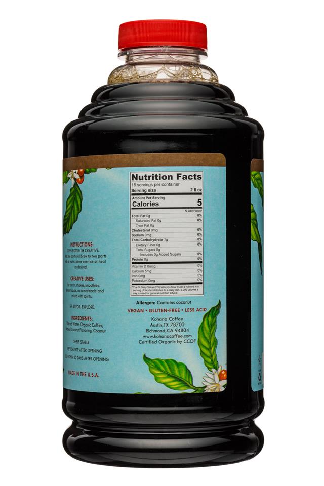 Kohana Coffee: Kohana-32oz-ColdBrewCoffee-OG-Concentrate-ToastedCoconut-Facts