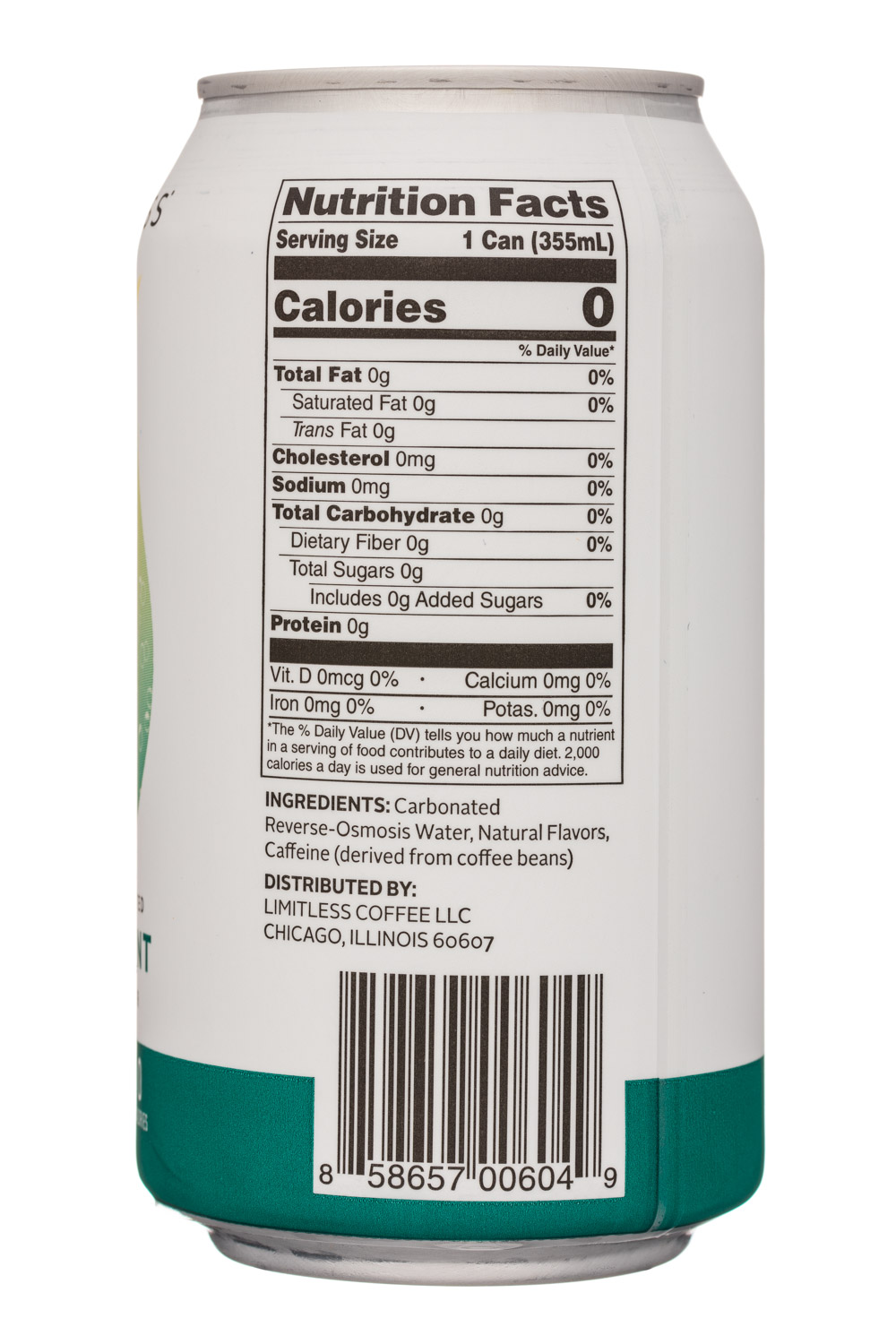 Limitless Coffee Sparkling Water: Limitless-12oz-CaffeinatedSparkling-GingerMint-Facts