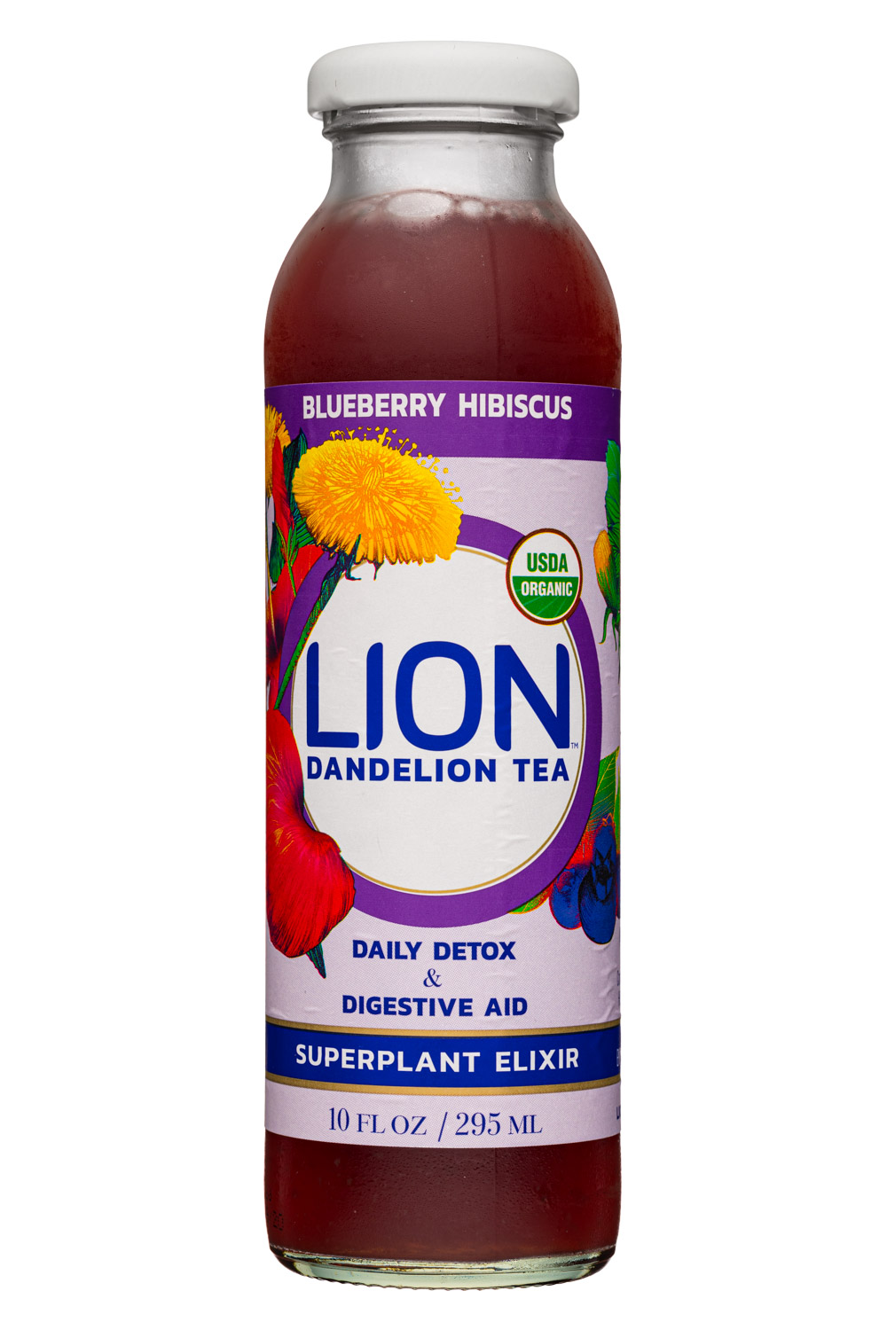 Lion Tea: Lion-10oz-DandelionTea-Elixer19-BluebHibiscus-Front