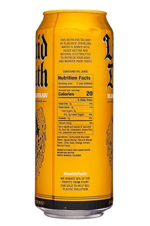 Liquid Death: LiquidDeath-17oz-2022-Sparkling-MangoChainsaw-Facts
