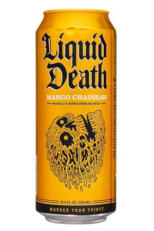 Liquid Death: LiquidDeath-17oz-2022-Sparkling-MangoChainsaw-Front