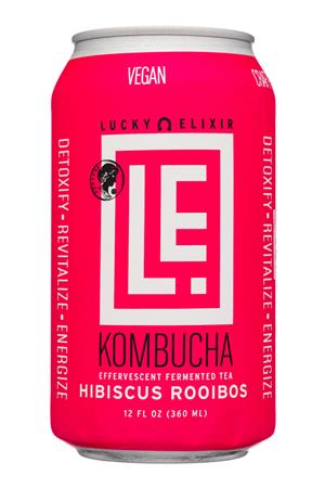 Lucky Elixir Kombucha: LuckyElixer-12oz-2020-Kombucha-HibiscusRoo-Front