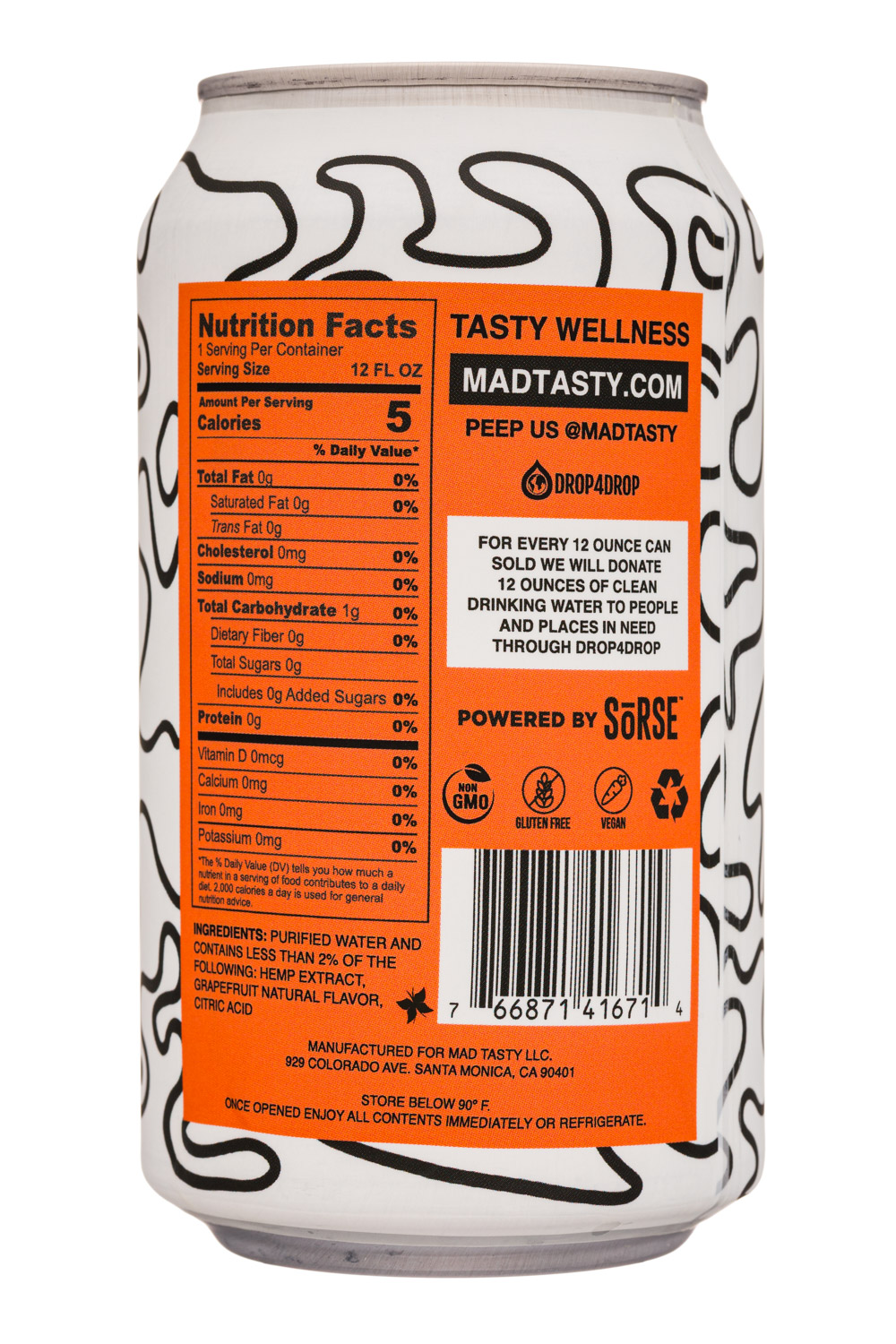 Mad Tasty: MadTasty-12oz-SparklingWater-20mgHemp-Grapefruit-Facts