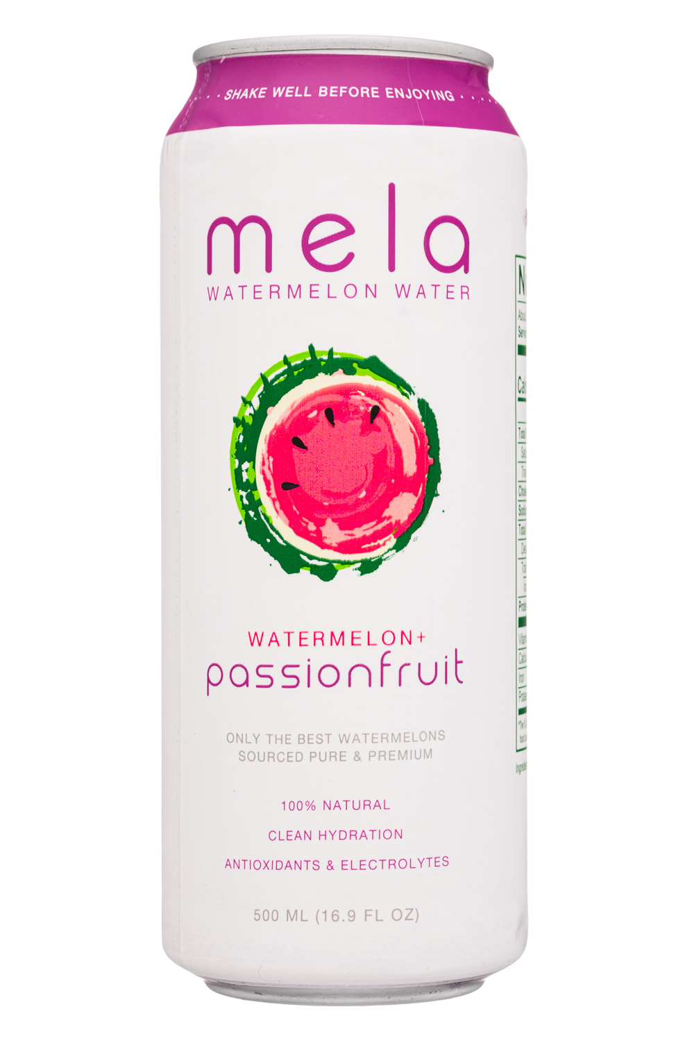 Mela Watermelon Water: Mela-16oz-2021-WatermelonWater-Pasionfruit-Front