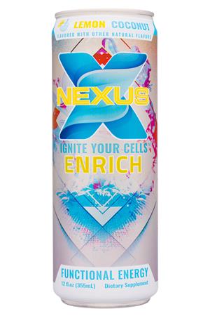 Nexus Energy Drinks: Nexus-12oz-2020-FunctEnergy-LemonCoconut-Front
